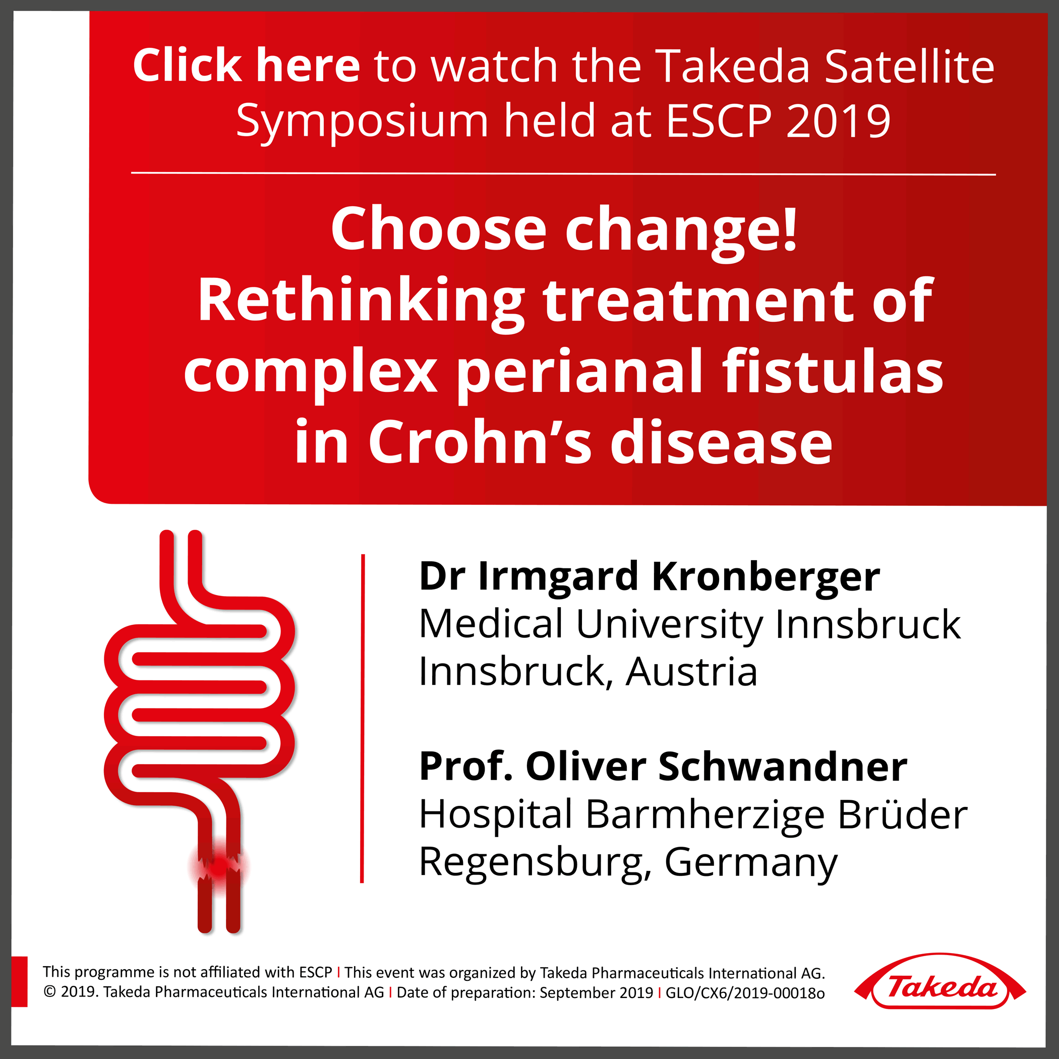 Advert for a video of Takeda's satellite symposium at ESCP 2019 linking to video