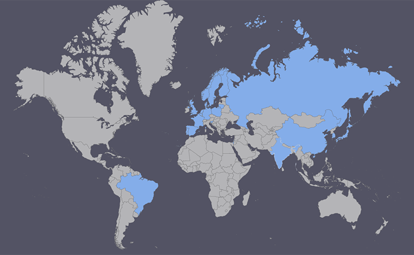 Map showing countries with translations